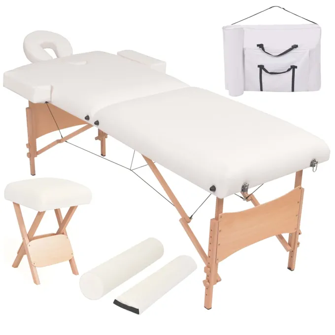 Hopfällbar massagebänk 2 sektioner och pall set 10 cm tjock vit