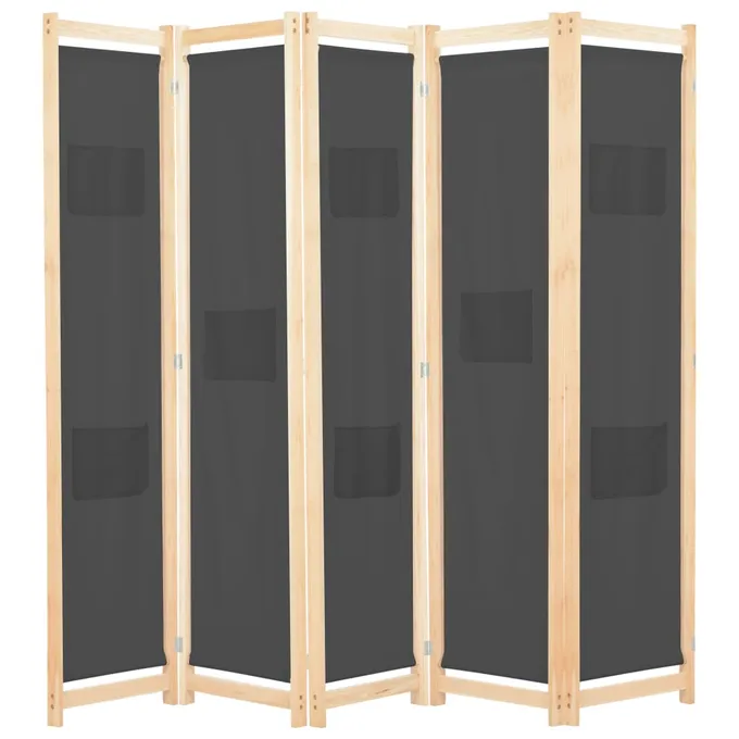Rumsavdelare 5 paneler 200x170x4 cm grå tyg