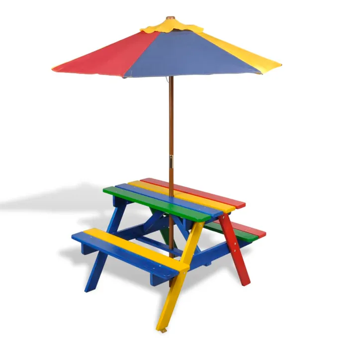 Picknickbord med bänkar och parasoll för barn flerfärgad trä