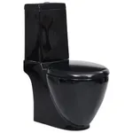 Keramisk toalettstol rund vattenutlopp i botten svart