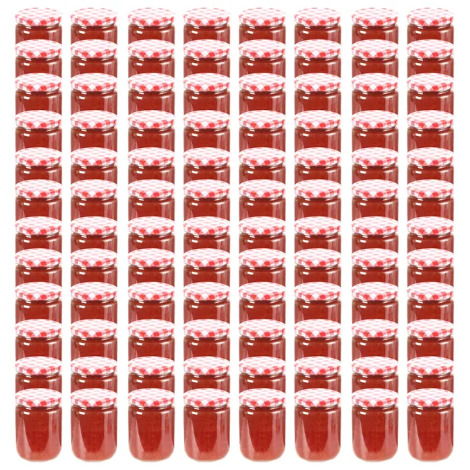 Syltburkar i glas med vita och röda lock 96 st 230 ml