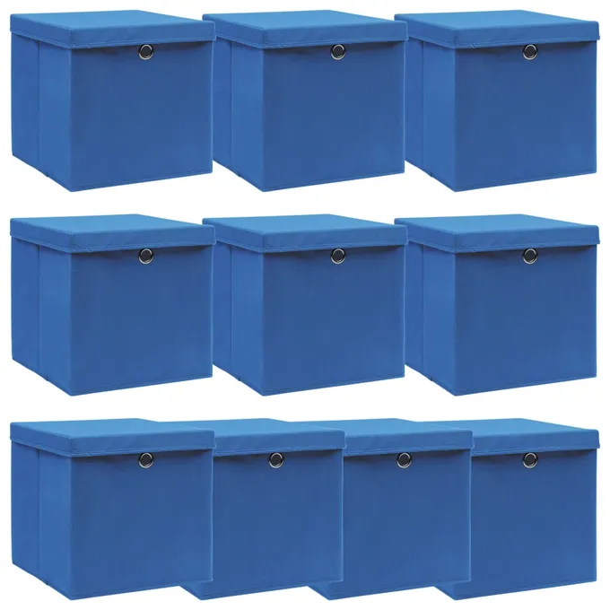 Förvaringslådor med lock 10 st blå 32x32x32 cm tyg