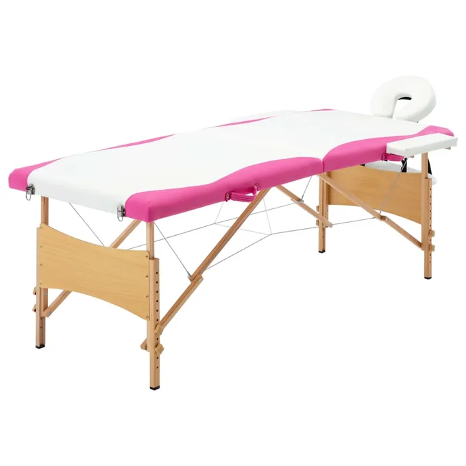 Hopfällbar massagebänk 2 sektioner trä vit och rosa