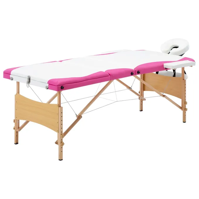 Hopfällbar massagebänk 3 sektioner trä vit och rosa