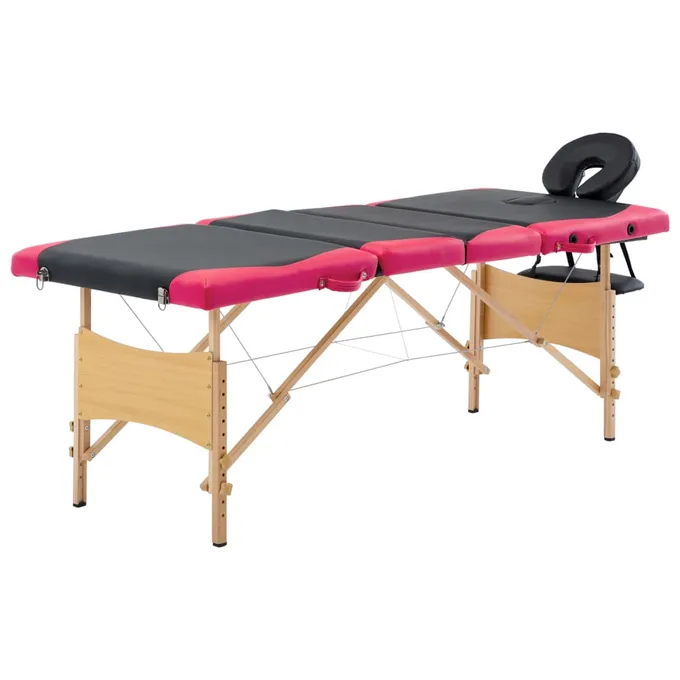 Hopfällbar massagebänk 4 sektioner trä svart och rosa