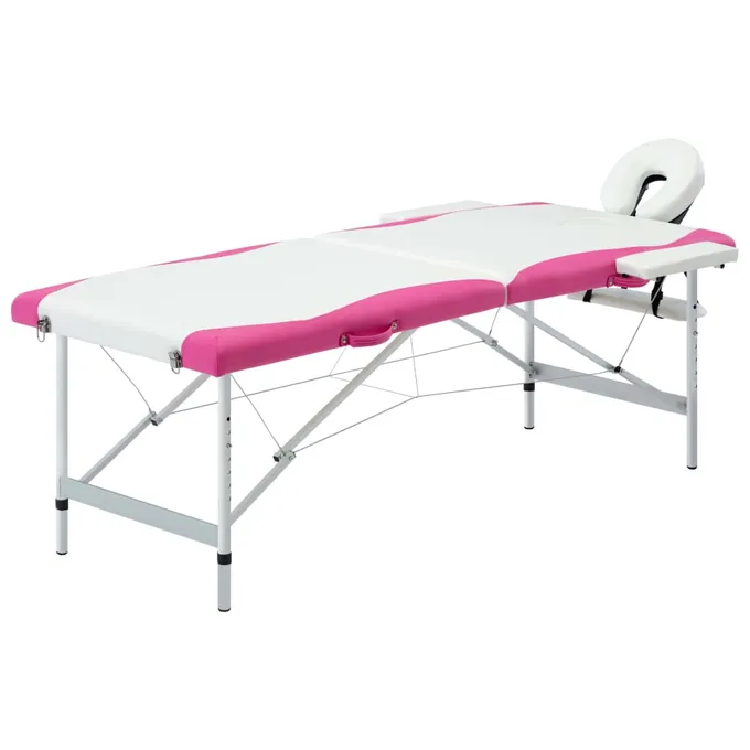 Hopfällbar massagebänk 2 sektioner aluminium vit och rosa