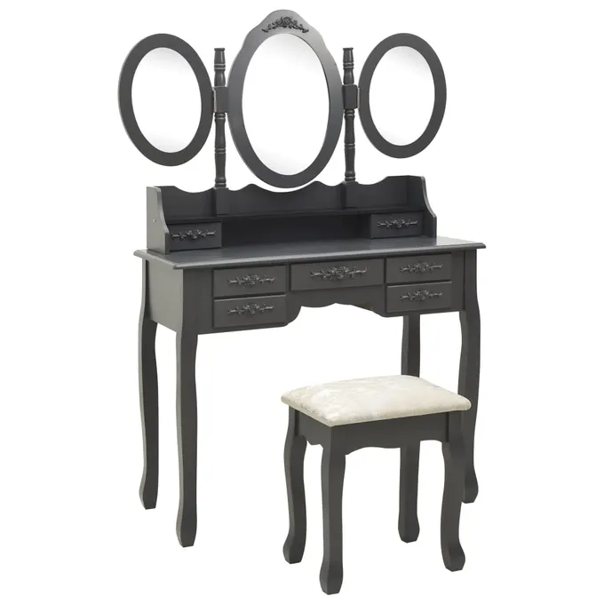Sminkbord med pall och 3 speglar grå