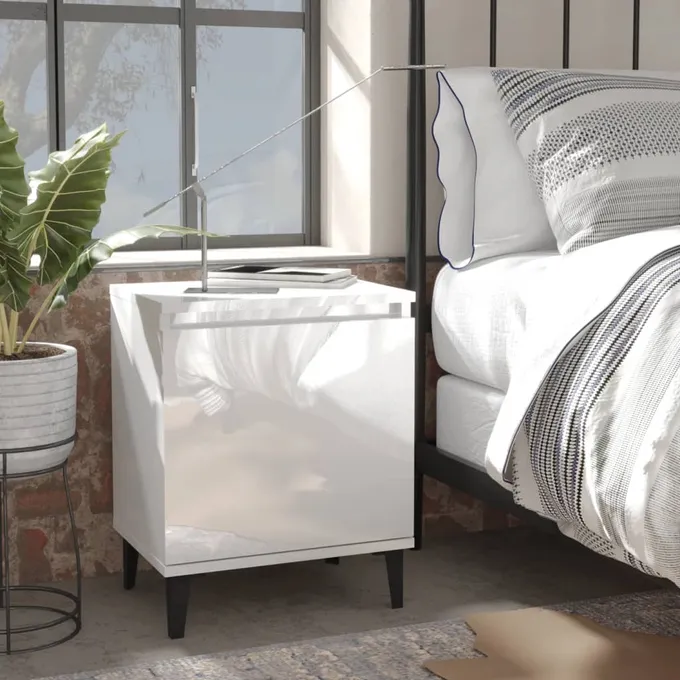 Sängbord med metallben vit högglans 40x30x50 cm