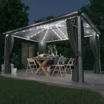 Paviljong med gardin & ljusslinga LED 4x3 m antracit aluminium