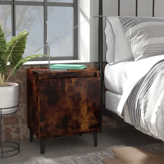 Sängbord med metallben rökfärgad ek 40x30x50 cm