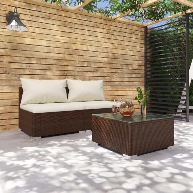 Loungegrupp för trädgården med dynor 3 delar konstrotting brun