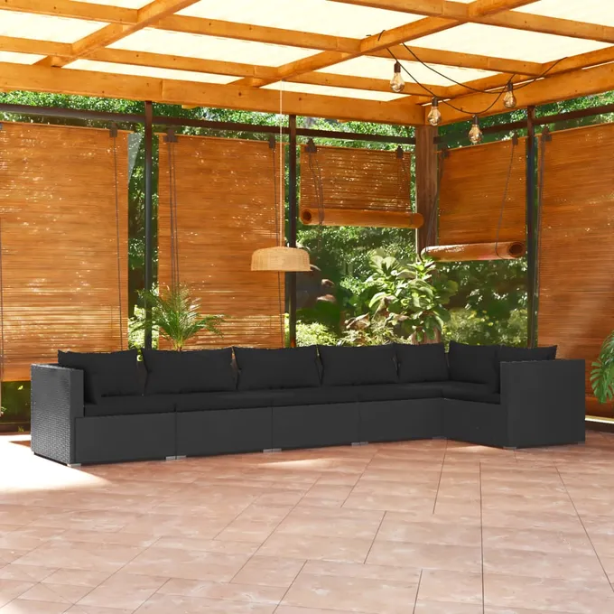Loungegrupp för trädgården med dynor 6 delar konstrotting svart