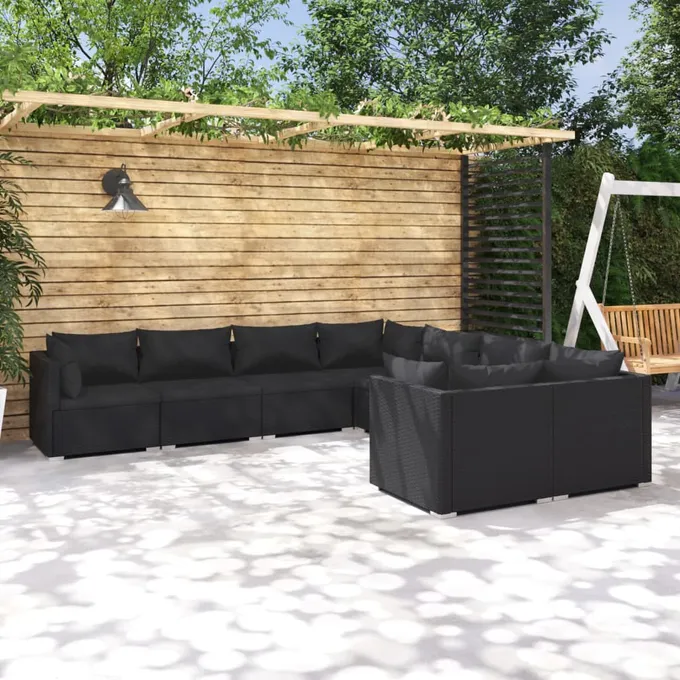 Loungegrupp för trädgården med dynor 8 delar konstrotting svart