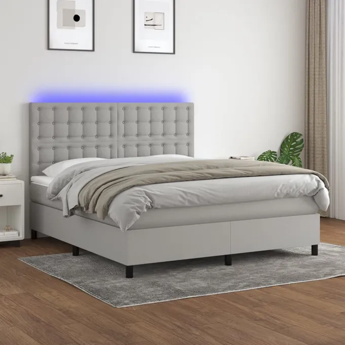 Ramsäng med madrass & LED ljusgrå 160x200 cm tyg