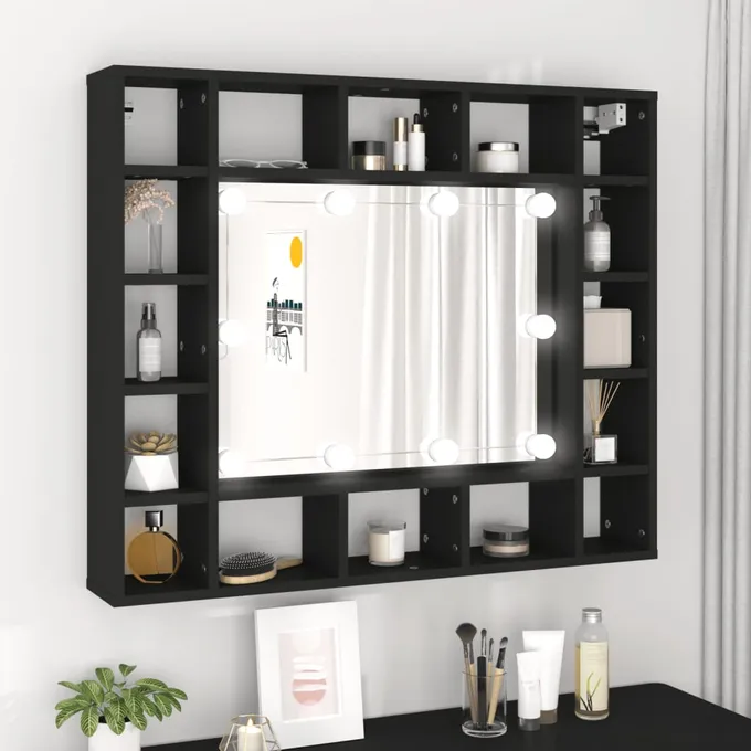 Spegelskåp med LED svart 91x15x76,5 cm