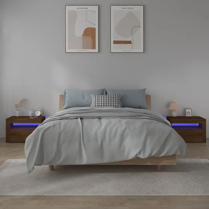 Sängbord 2 st med LED-belysning Brun ek 60x35x40 cm