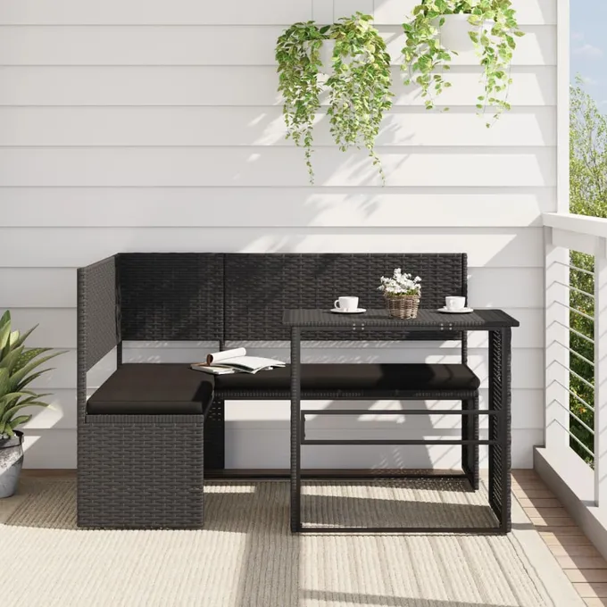 Trädgårdssoffa med bord och dynor L-formad svart konstrotting