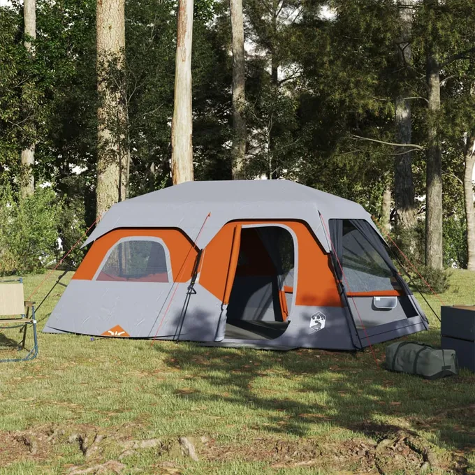 Campingtält 9 personer grå orange mörkläggningstyg vattentätt