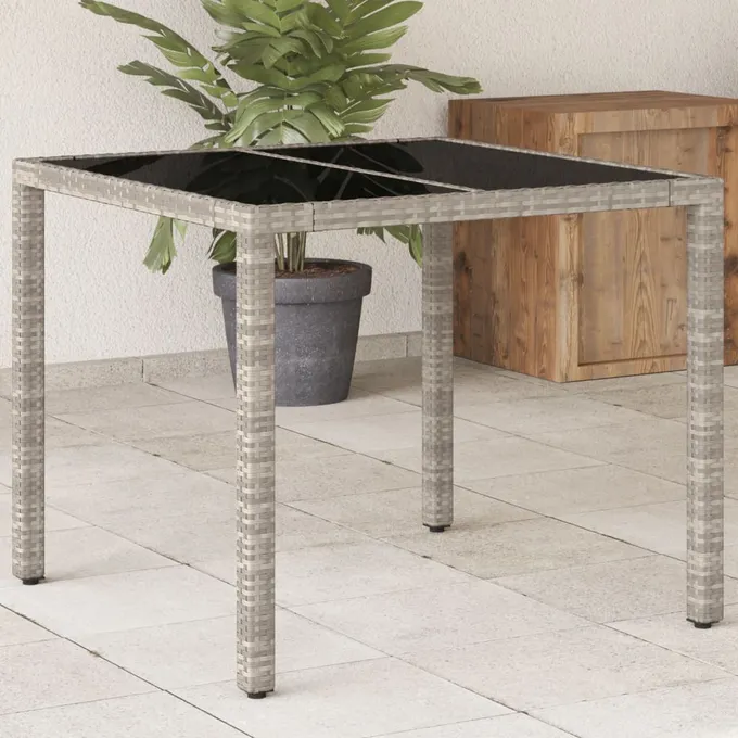 Trädgårdsbord med glasskiva ljusgrå 90x90x75 cm konstrotting